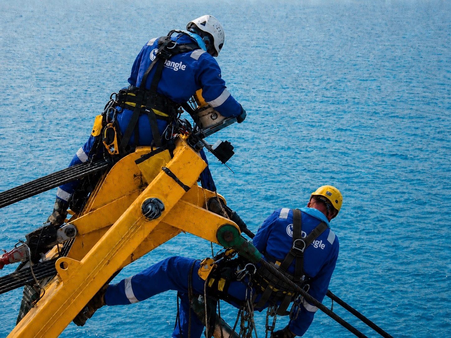 Two workers in blue safety gear on a yellow structure, working over open water using rope accsess