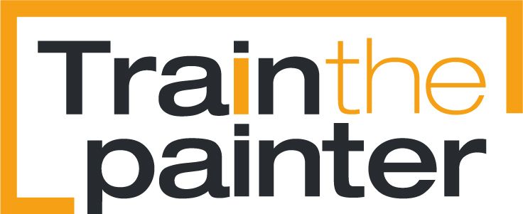 Train the painter logo, text in black and orange within an orange square frame.
