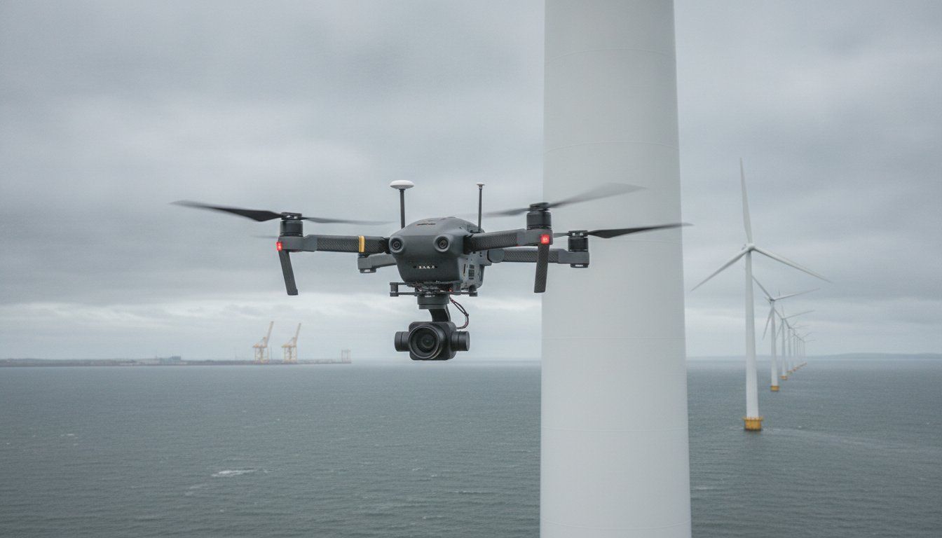 Drone flying beside a wind turbine over a gray sea on a foggy day