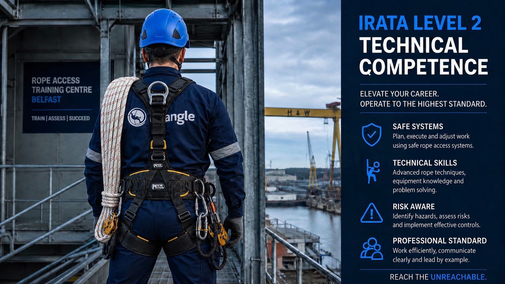 Back view of a Dangle rope access technician in full harness with coiled rope at a Belfast