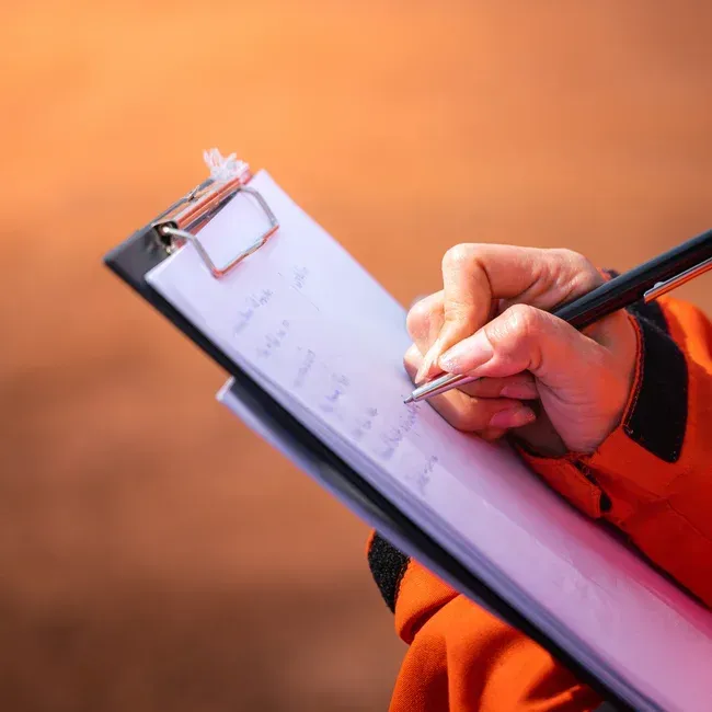 Person in orange jacket writing on a clipboard with a pen; outdoors.