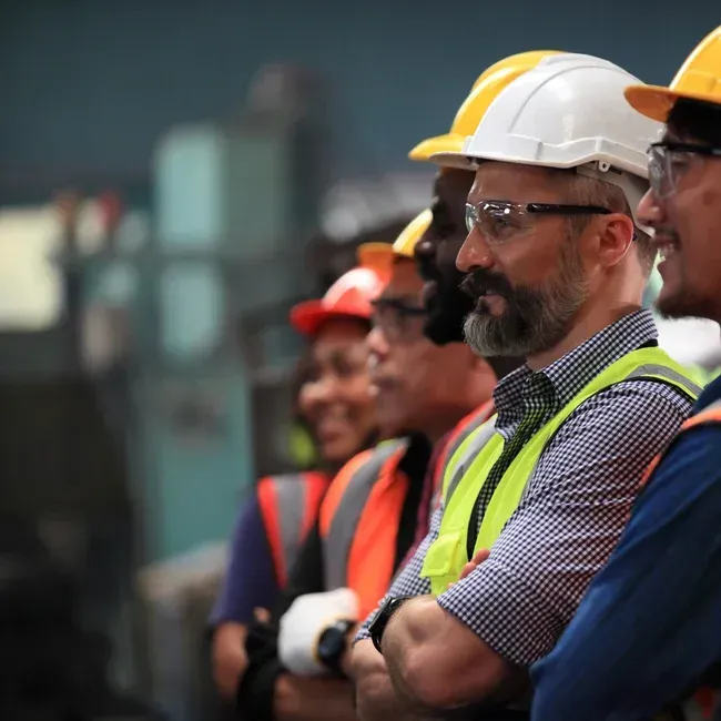 Group of diverse construction workers in safety gear, looking to the right.