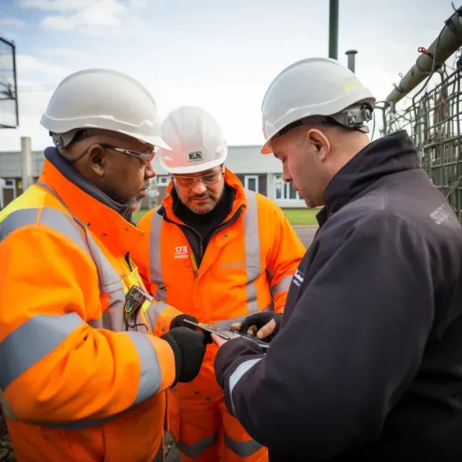 Three workers in safety gear, including orange vests and hard hats, examining paperwork outdoors.