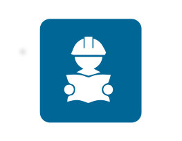 White silhouette of a person in a hard hat reading a document, on a blue square.