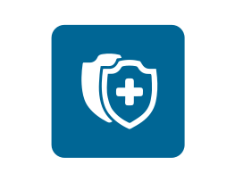 Blue square with white shields and medical cross symbol.