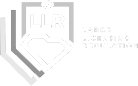 Gray LLR shield logo with “LABOR LICENSING REGULATION” text on white background