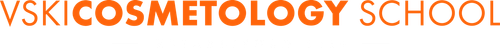VSKI COSMETOLOGY SCHOOL logo in orange and brown text on a white background
