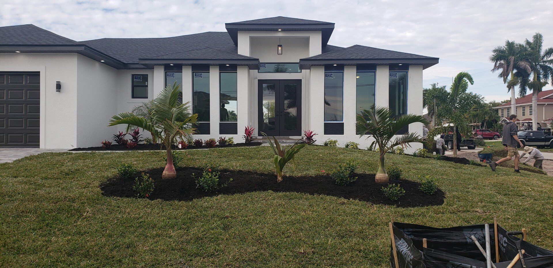 A white modern home with dark roof and trim, three palm trees in the front yard.