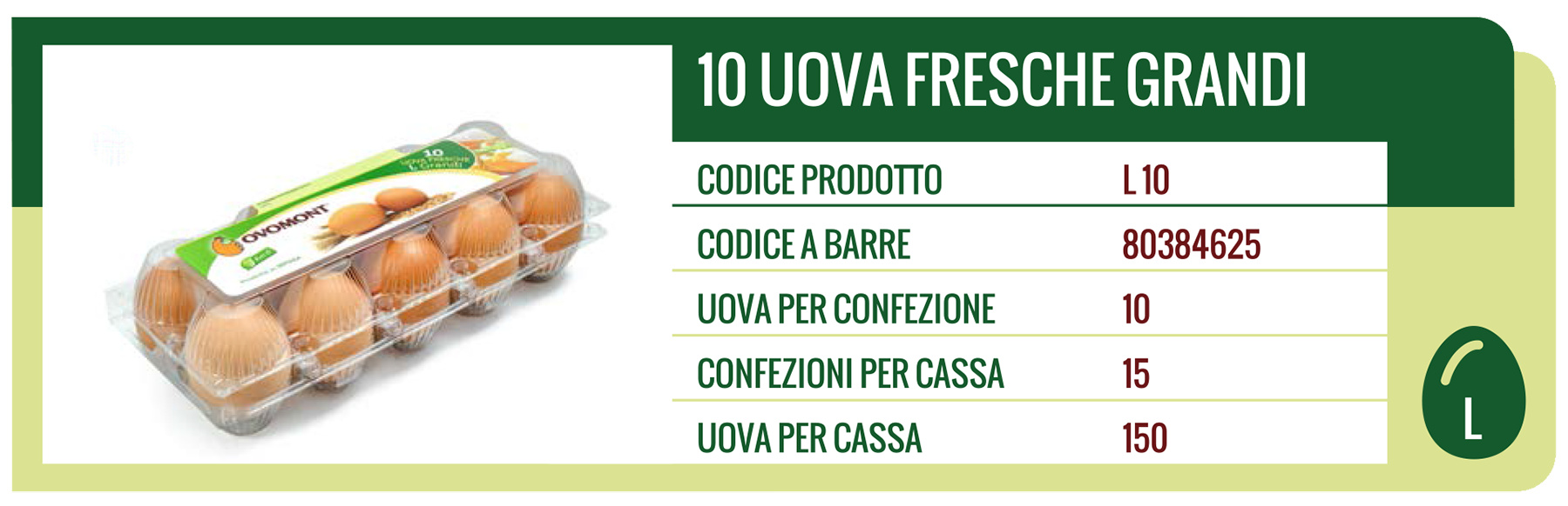 Confezione da 10 uova fresche grandi. Le informazioni sull'etichetta includono codice a barre, quantità e taglia 
