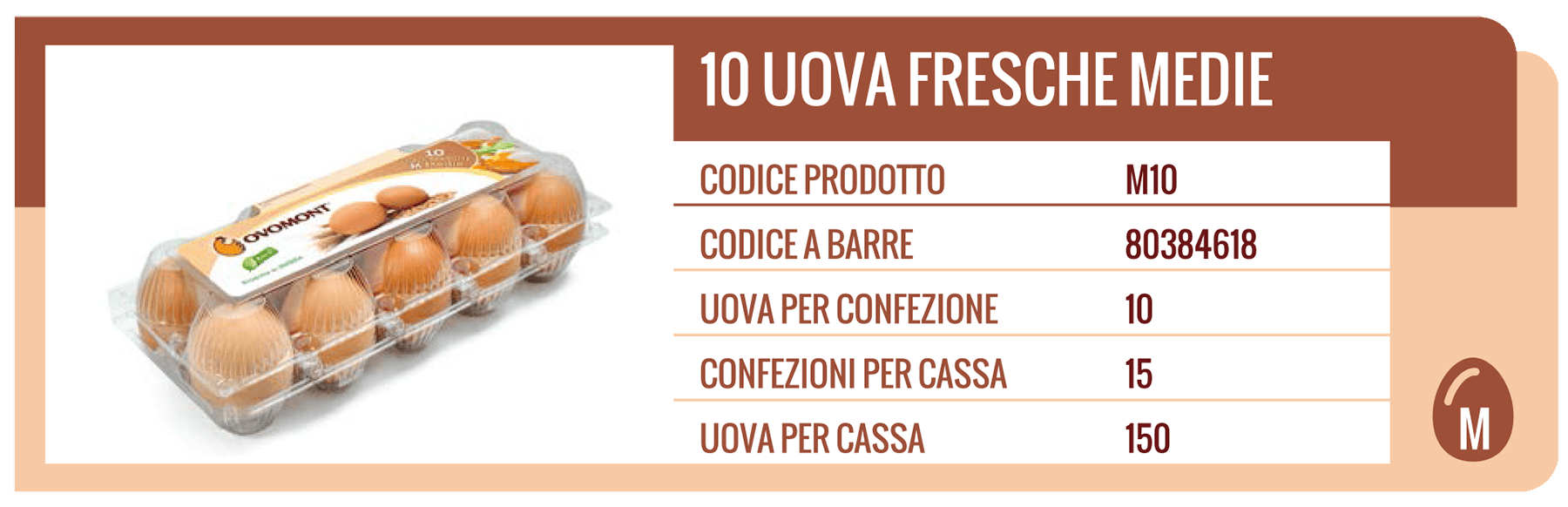Cartone da 10 uova fresche medie con informazioni sul prodotto su sfondo marrone.