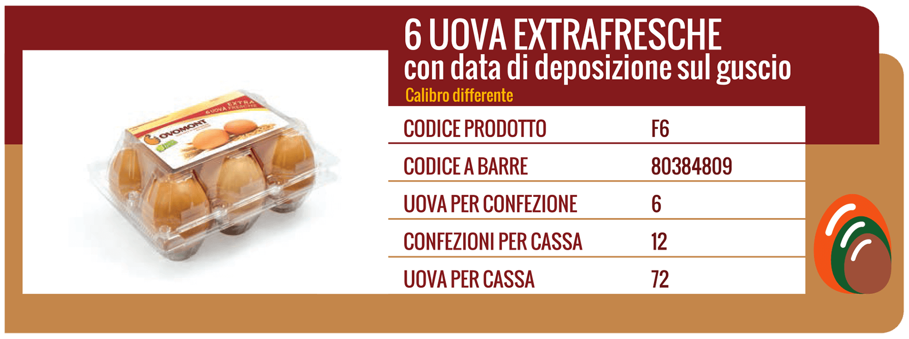 Una confezione da 6 uova extra fresche, con informazioni sul prodotto, tra cui codice a barre e quantità.