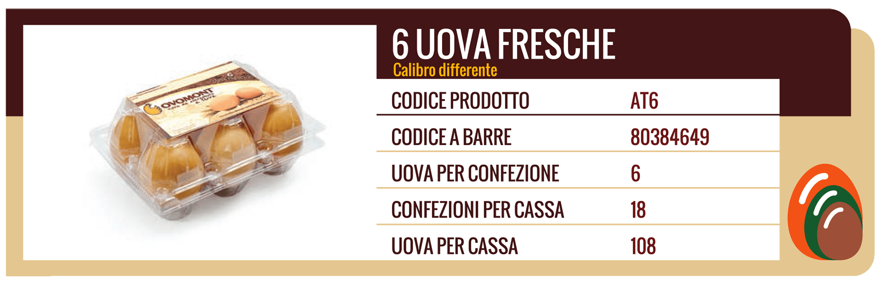 Sei uova fresche in un contenitore di plastica trasparente. Sono incluse informazioni sul prodotto.