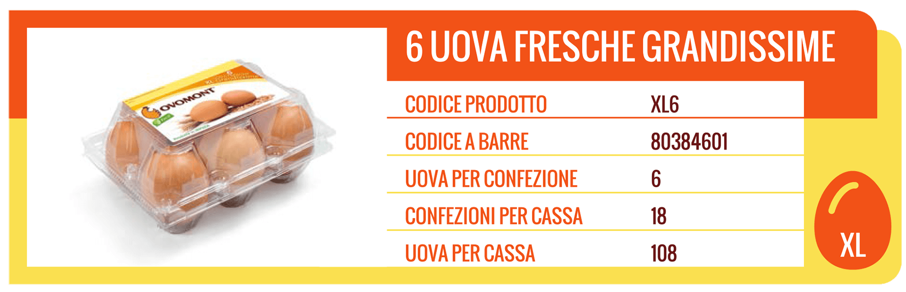 Sei uova fresche di taglia XL in un contenitore di plastica con informazioni sul prodotto.