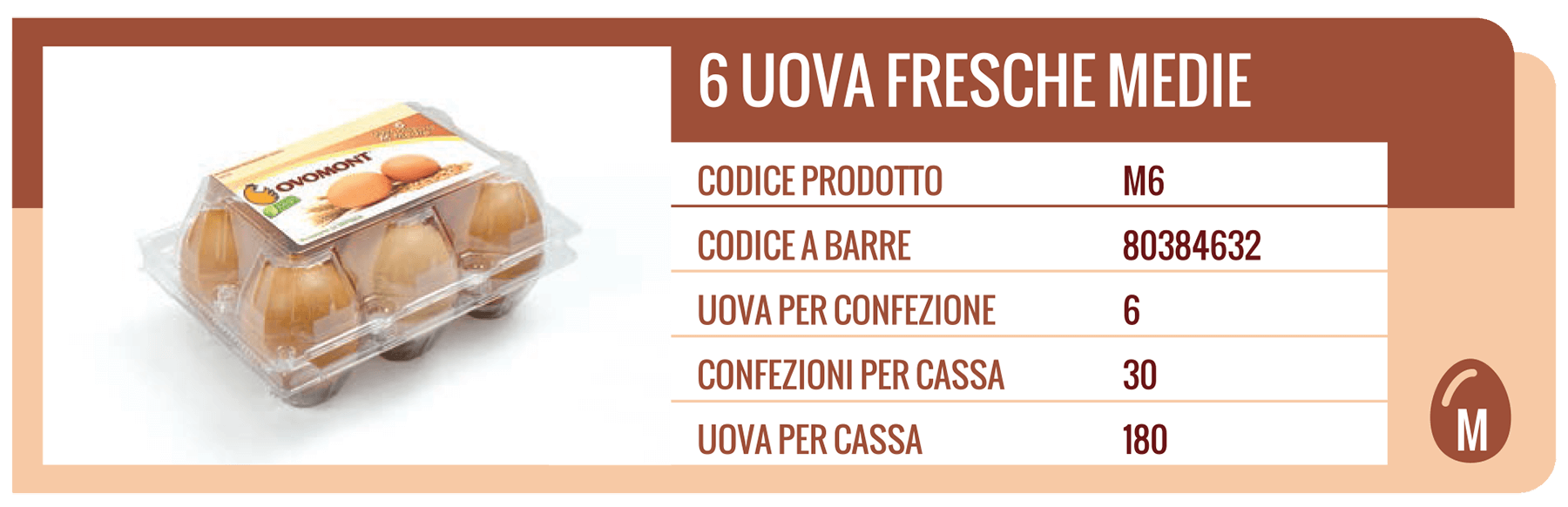 Confezione da sei uova fresche di medie dimensioni con informazioni sul prodotto.