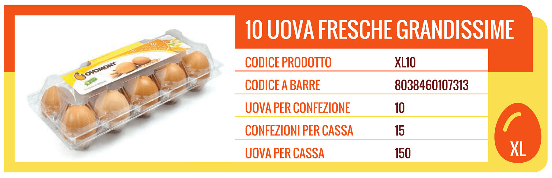 Una scatola da 10 uova fresche extra-large; confezione arancione e gialla, con testo in italiano.