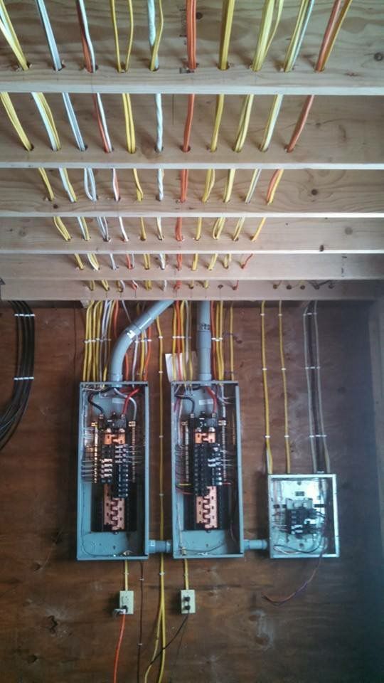 Electrical wiring and panels installed on a wooden wall and ceiling, with multiple colored wires.