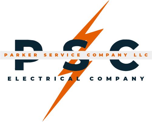 Logo for Parker Service Company LLC: dark blue "PSC" with orange lightning bolt, "Parker Service Company LLC" and "Electrical Company" text.