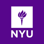 The nyu logo is purple and white and has a torch on it.