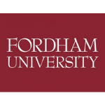 The logo for fordham university is on a red background.
