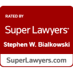 A red sign that says super lawyers stephen w. bielkowski on it.