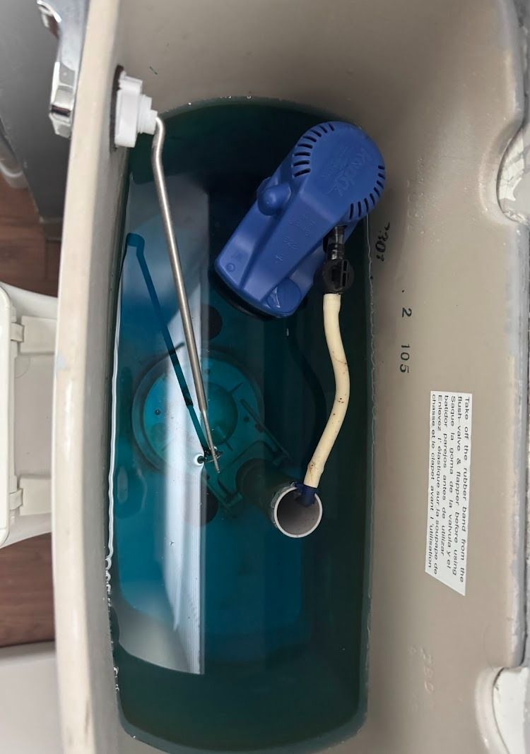 Toilet tank with blue-tinted water, float mechanism, and fill valve visible inside.