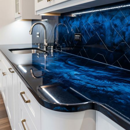 A kitchen with a blue counter top and white cabinets