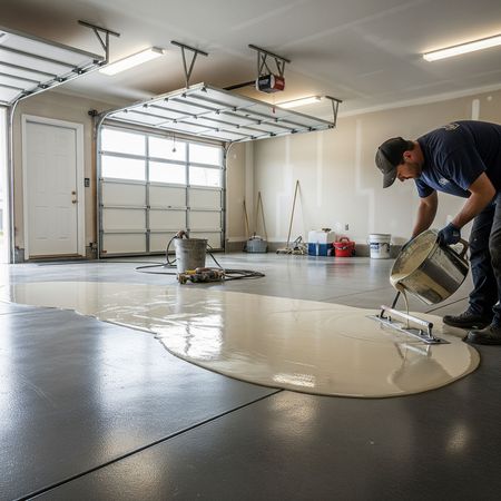 A man is pouring concrete into a garage floor.