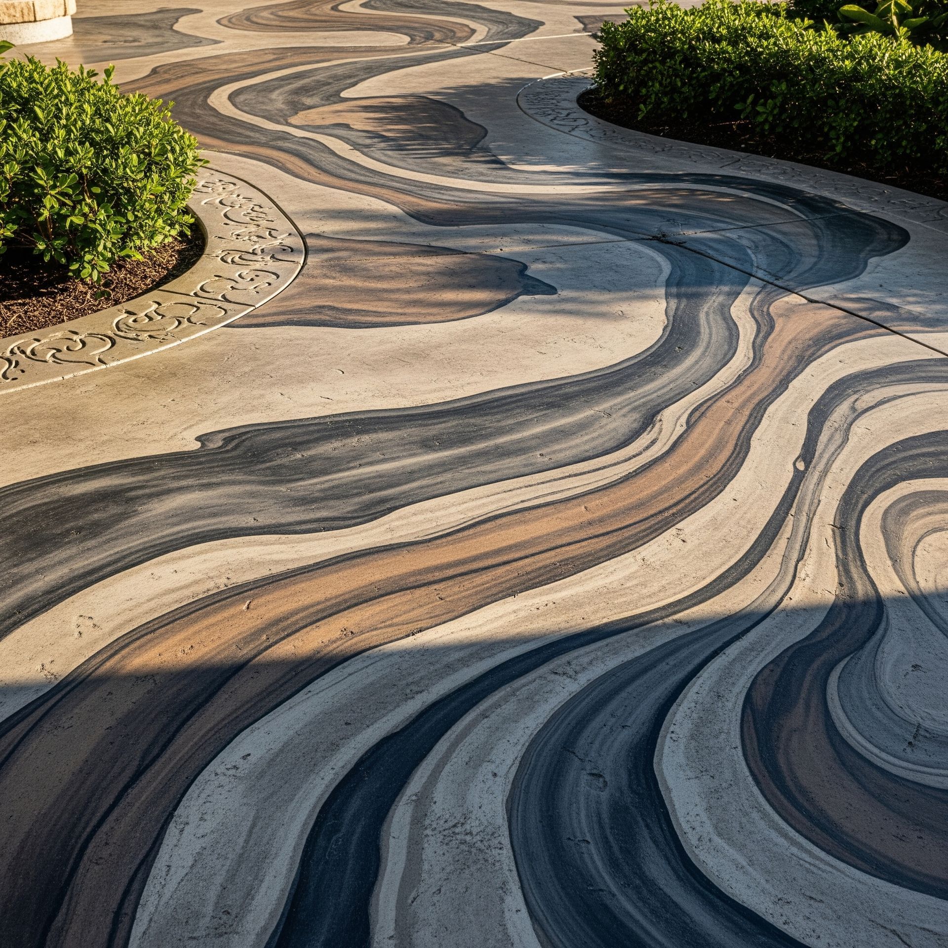 A concrete walkway with a swirl pattern on it