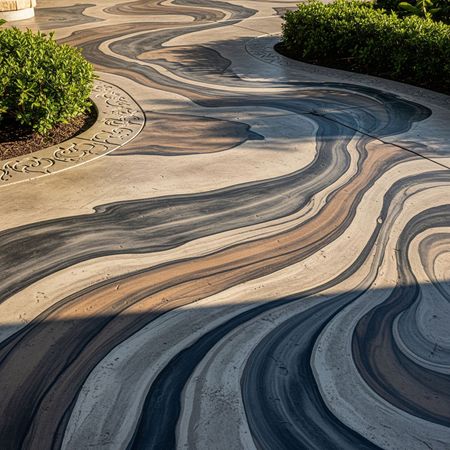 A concrete walkway with a swirl pattern on it