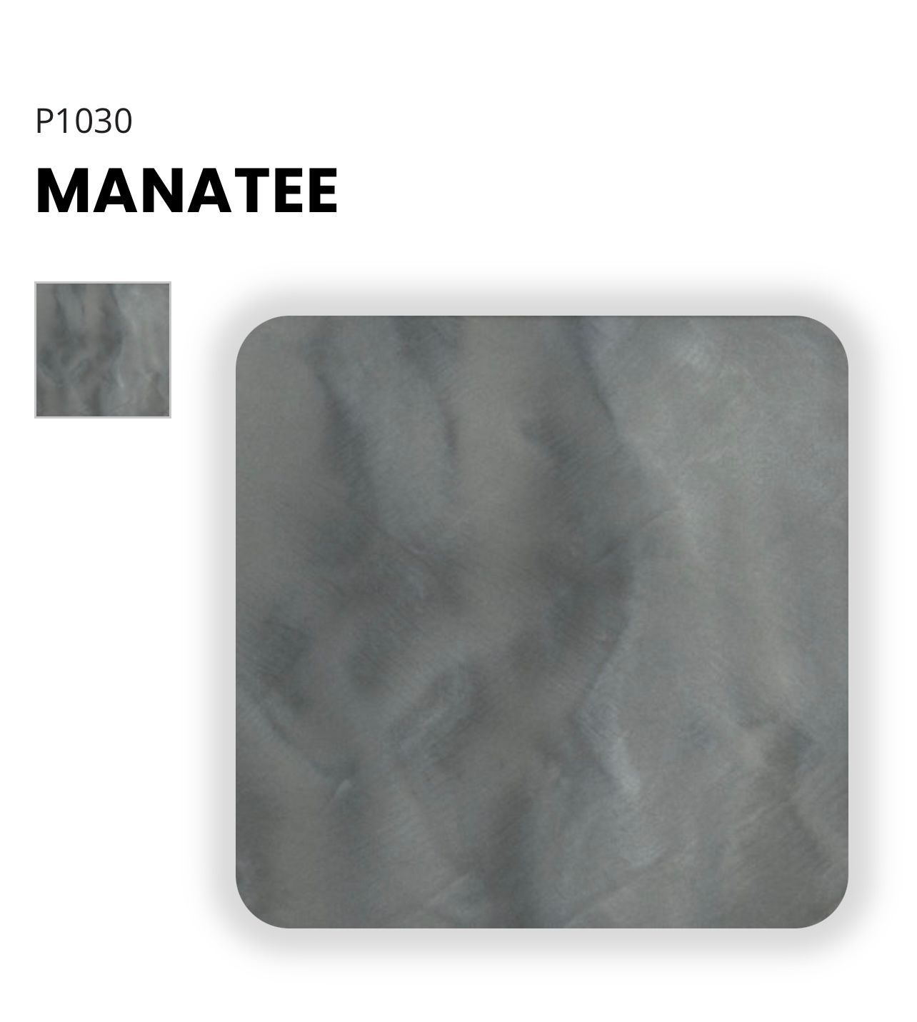 Elite Surface Coatings -Manatee-colored laminate surface. Gray and white marbling effect. Small square swatch in the top left corner.