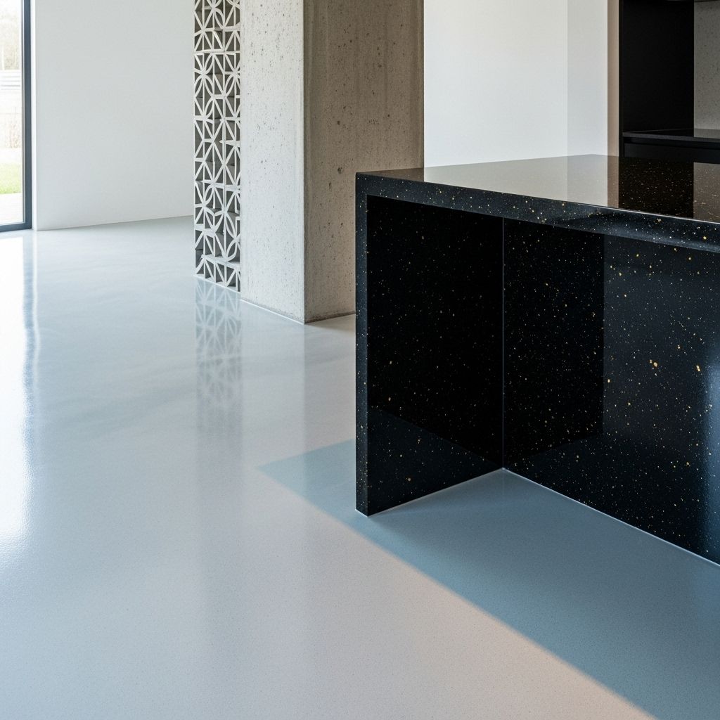 A kitchen with a black counter top and a white floor