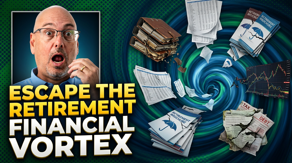 A surprised person looks at a swirling vortex of financial documents, charts, and brochures against a dark green background.