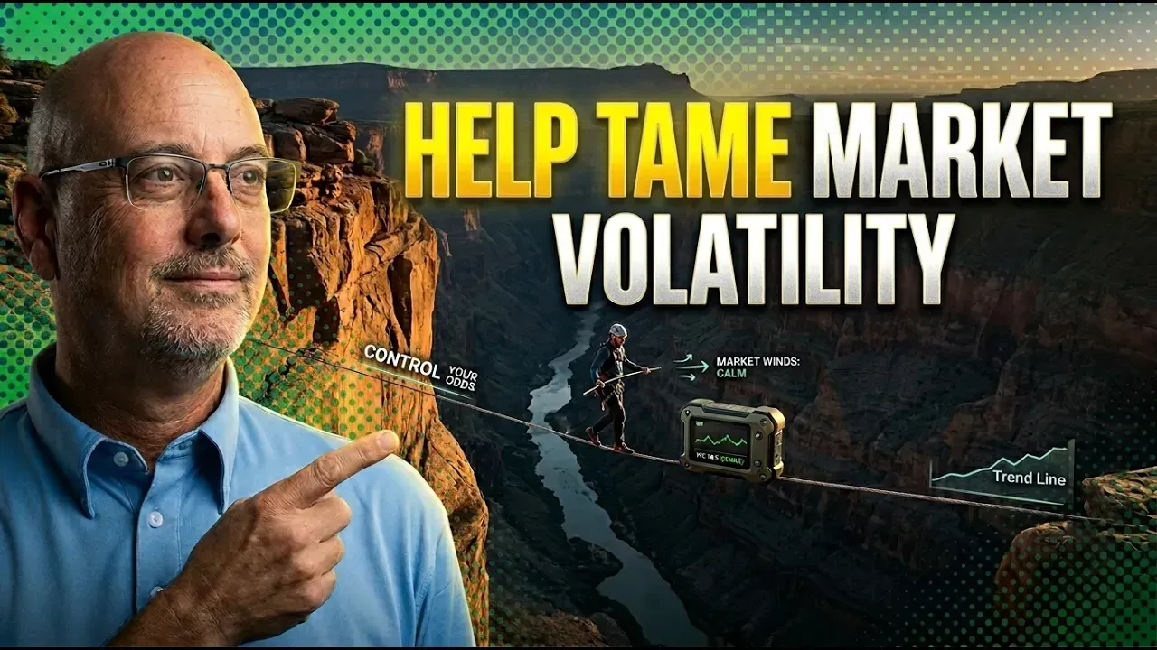 Man in blue shirt points at canyon with bold text “HELP TAME MARKET VOLATILITY”
