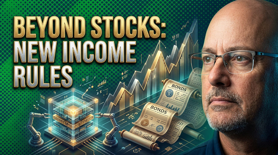 A man looks thoughtfully beside a graphic featuring an upward stock chart, a glowing digital cube, and vintage scrolls.