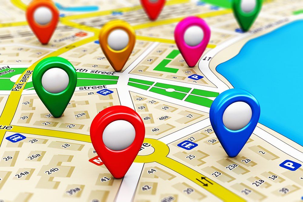 Geo-targeting on a map with GPS Pins concept for economic developments to have the ability to serve ads to businesses that are in the process of expanding or relocating.