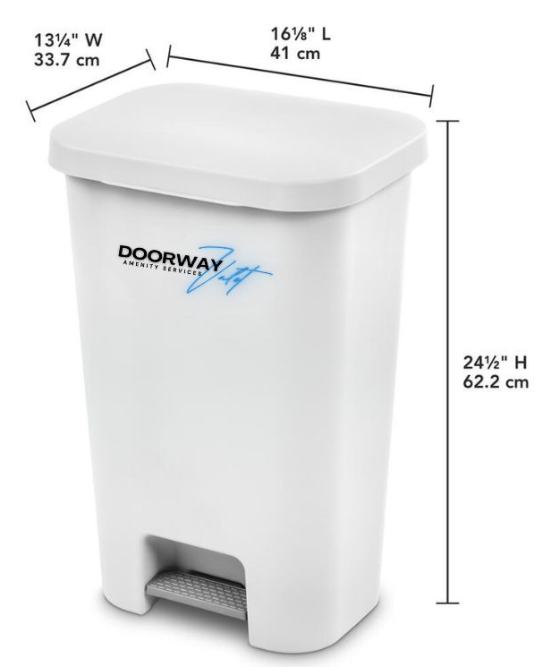 White rectangular trash can with a foot pedal. Dimensions are labeled.