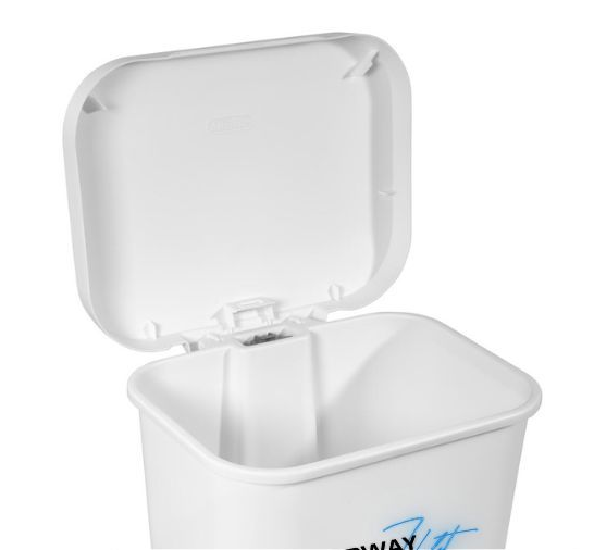 White square trash can with lid open, showing the interior.