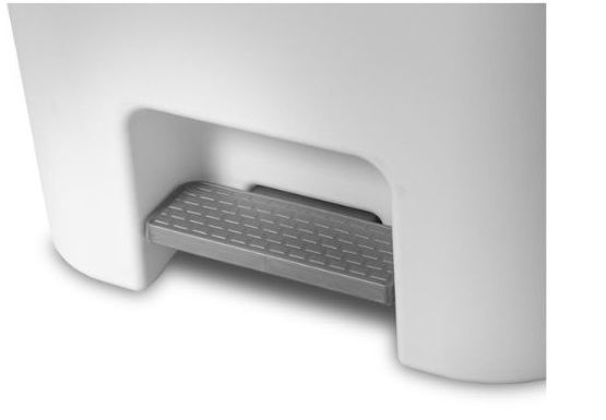 White trash can with a silver foot pedal.