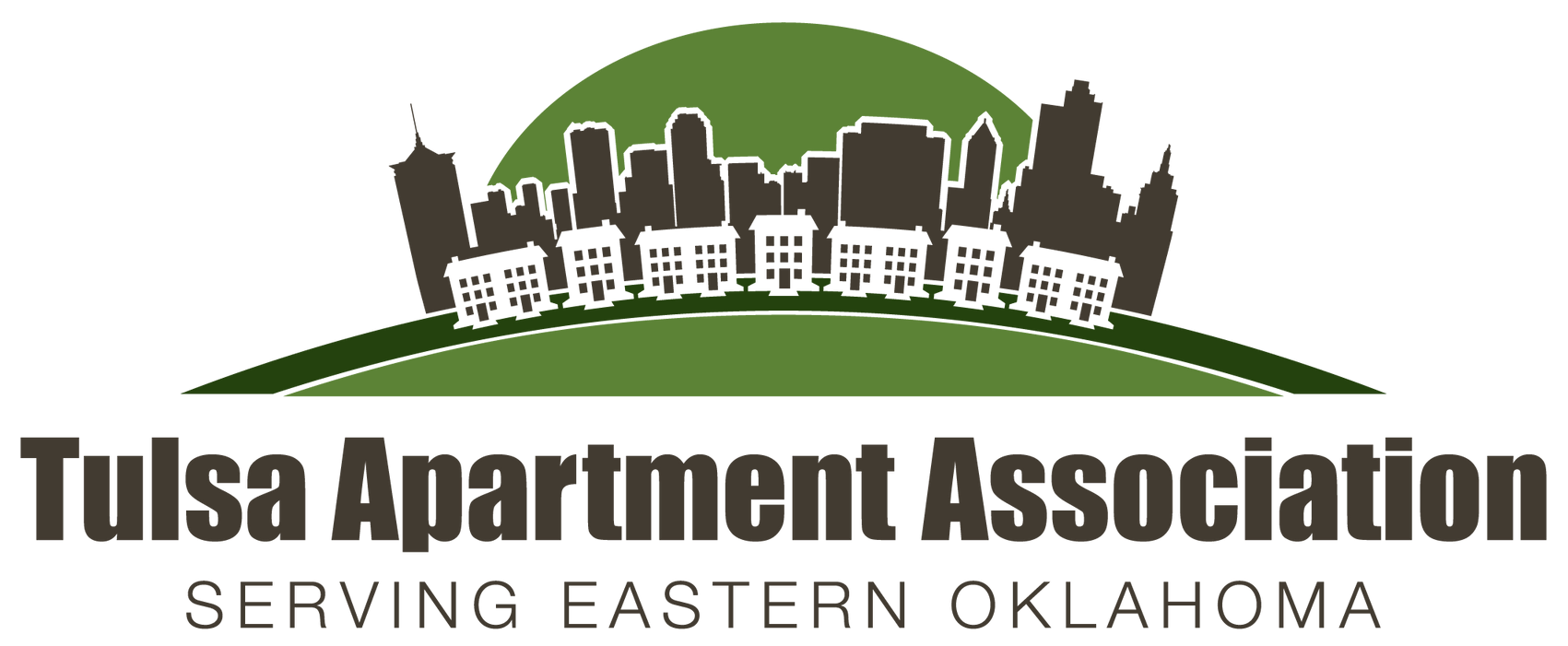 Logo of the Tulsa Apartment Association with a green skyline, dark text, and serving eastern Oklahoma below.
