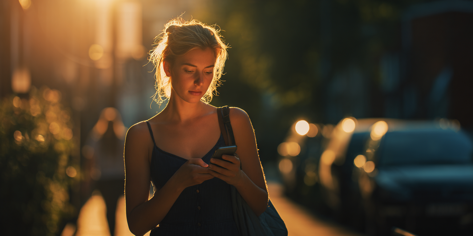 Woman using a phone outdoors at sunset, backlit by warm sunlight with blurred cars in the background