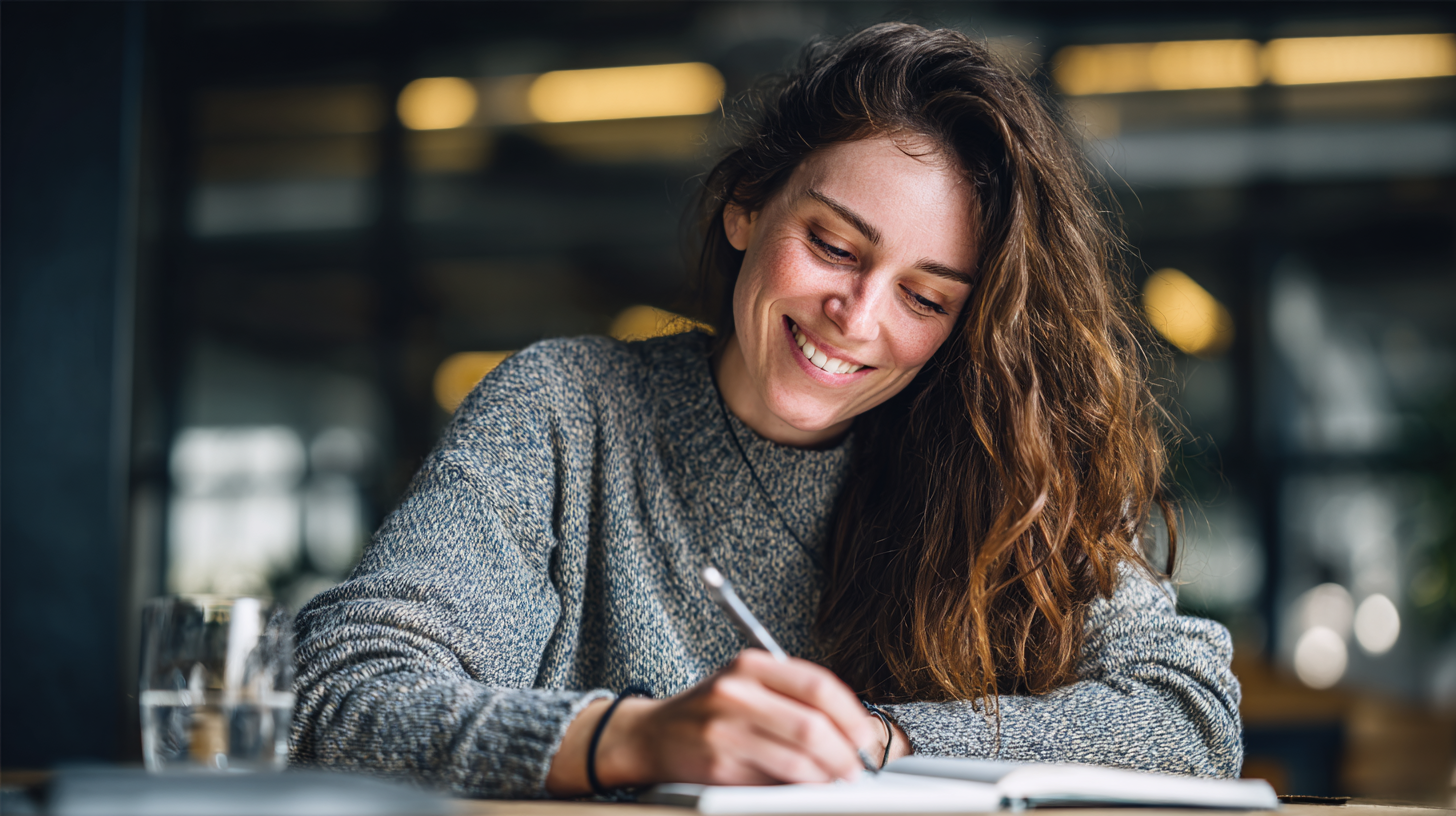 Smiling woman writing in a notebook at a table, wearing a gray sweater in a bright café