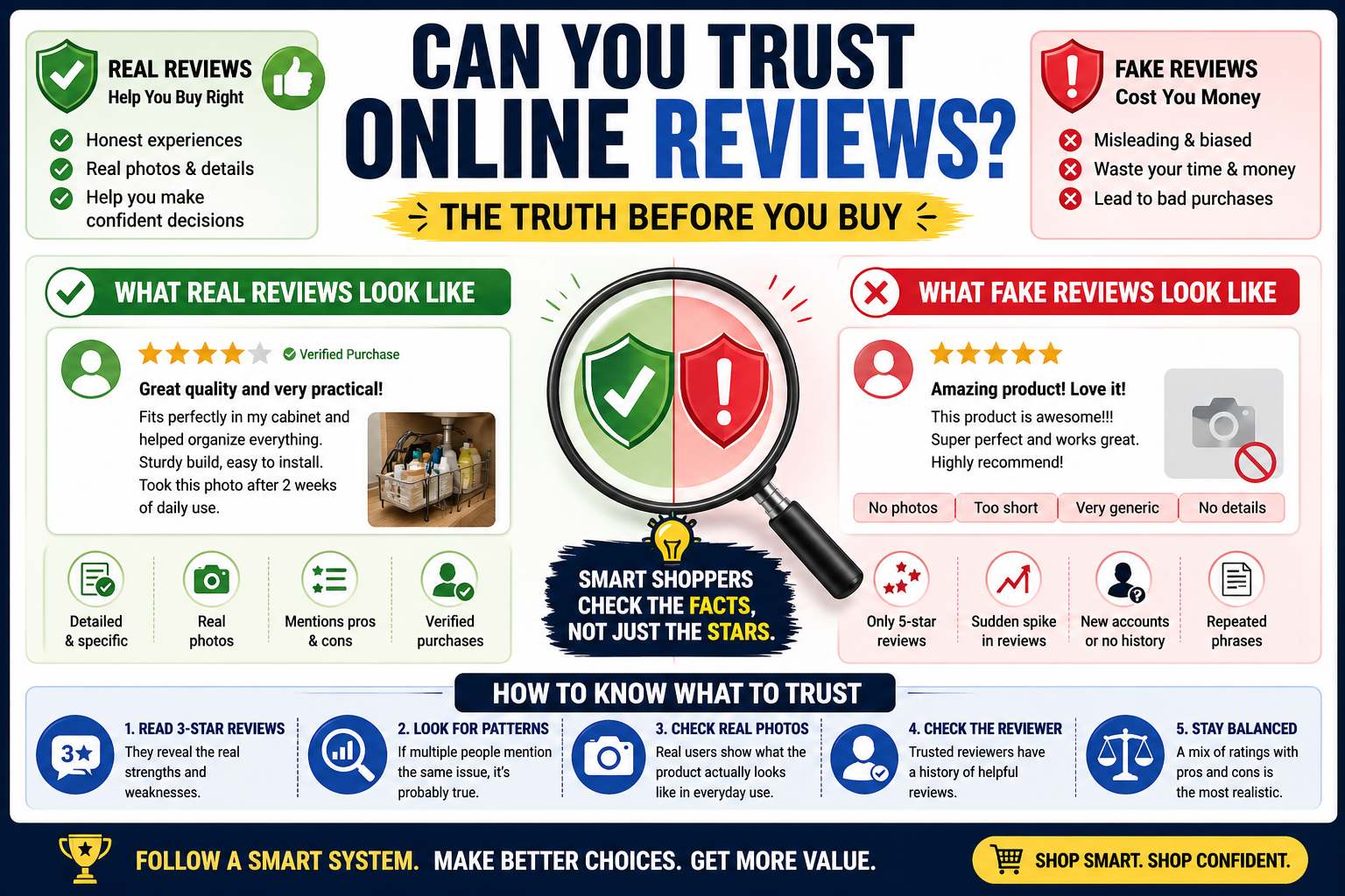 Infographic comparing real and fake online reviews with green and red trust icons and review checklists