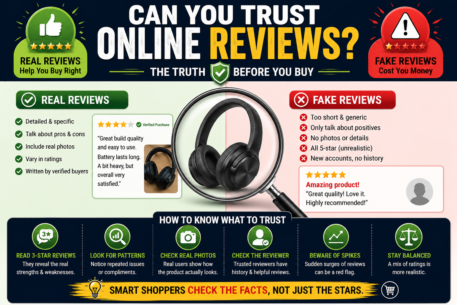 Infographic on trusting online reviews, comparing real green reviews with fake red reviews and a headset image in center