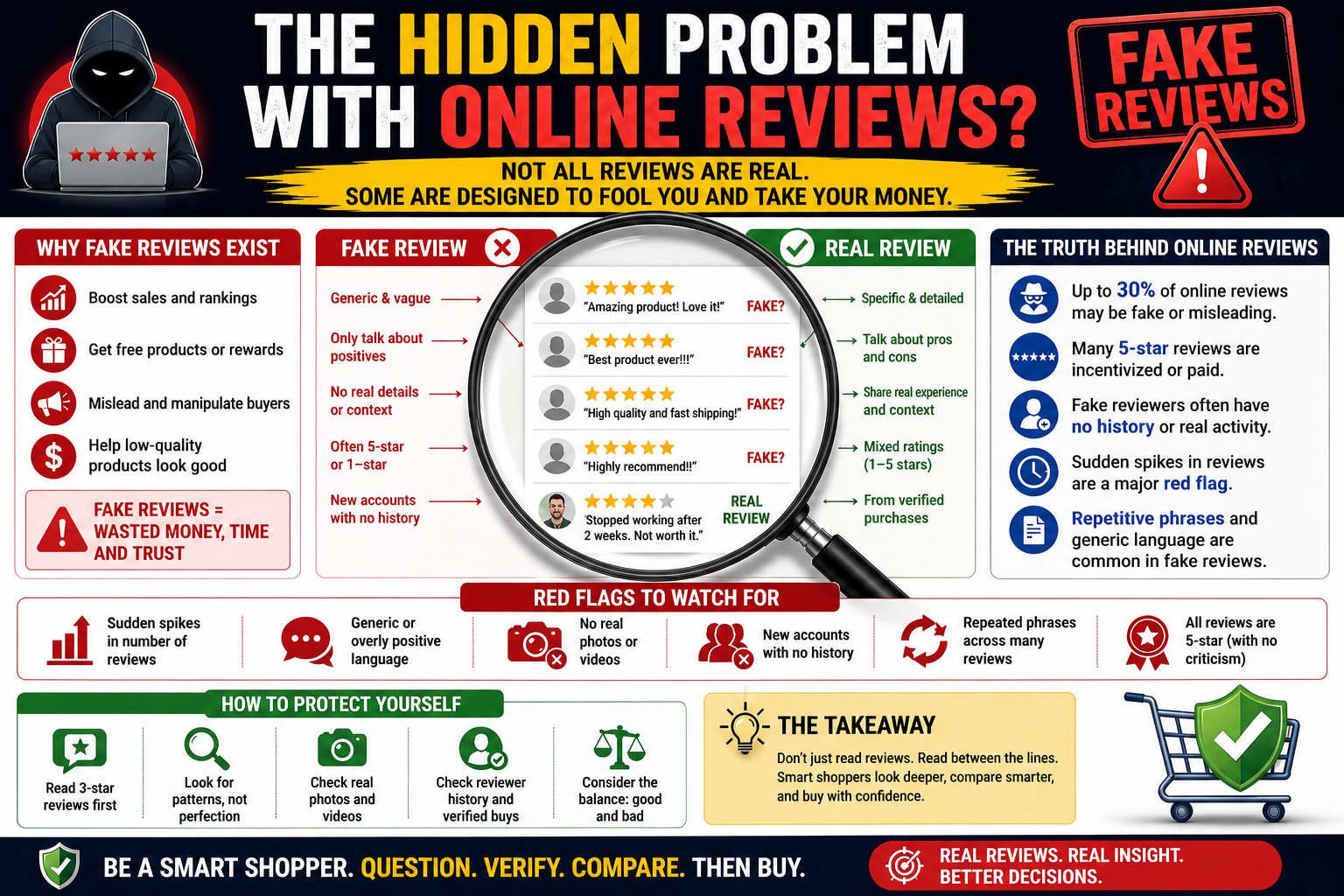 Infographic about fake online reviews, with red warning banners and a magnified review list.