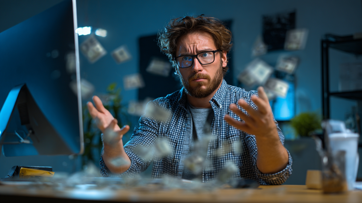 Frustrated man at a desk with shattered glass in front of a computer in a dim office