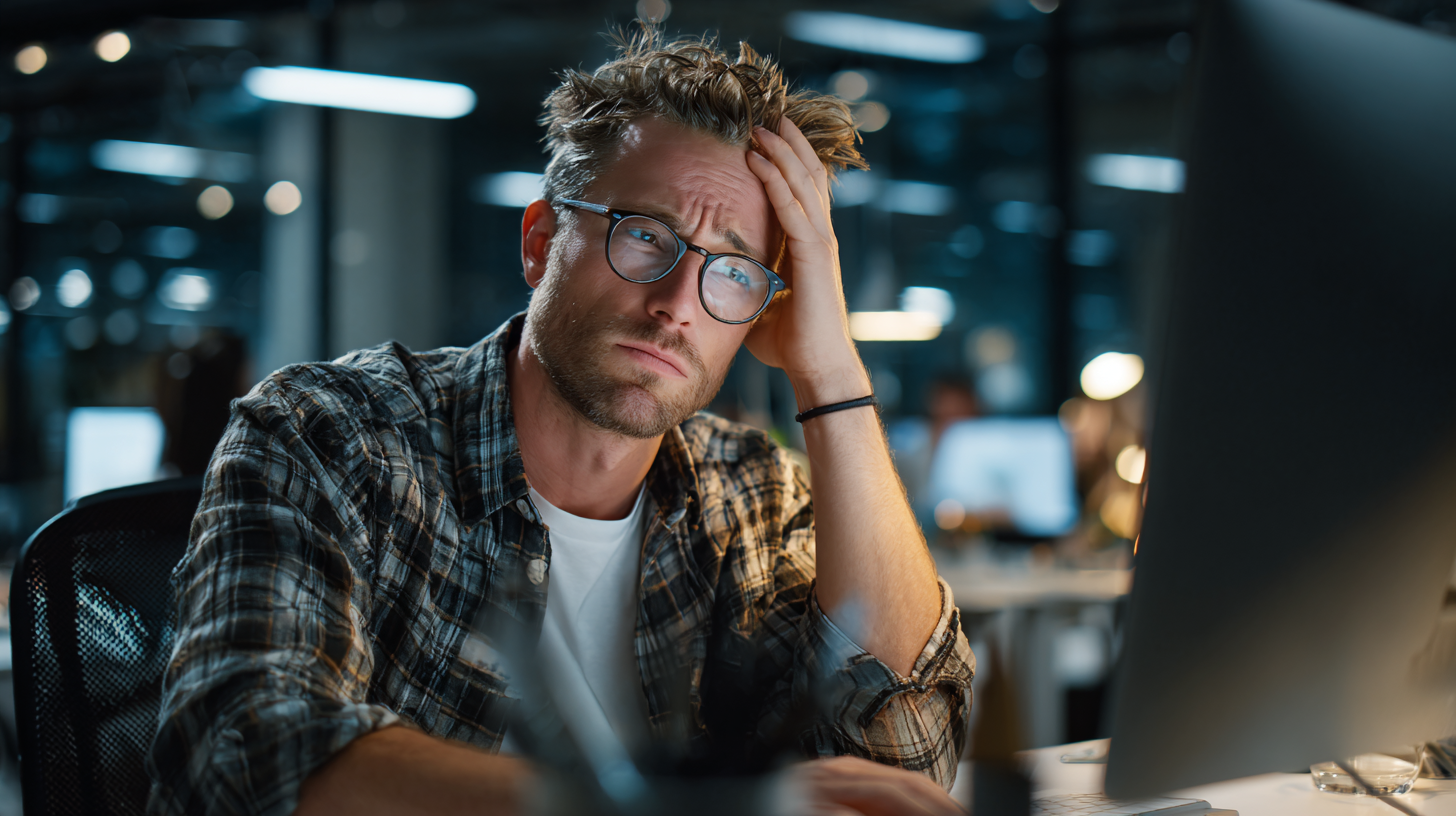 Man sitting at a desk in a dim office, hand on head, looking stressed while working on a laptop