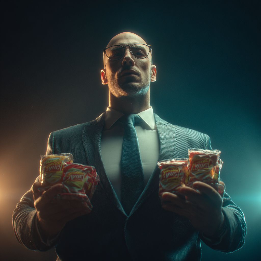 A stern man in a suit holds two snack bags against a dark teal background.