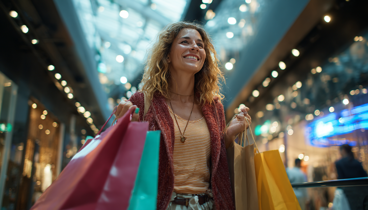Smiling shopper holding colorful shopping bags in a brightly lit mall corridor