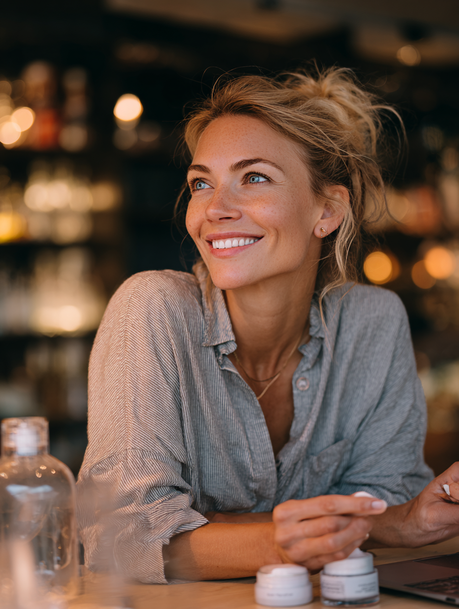 Smiling woman in a light blouse sitting at a bar with soft bokeh lights in the background