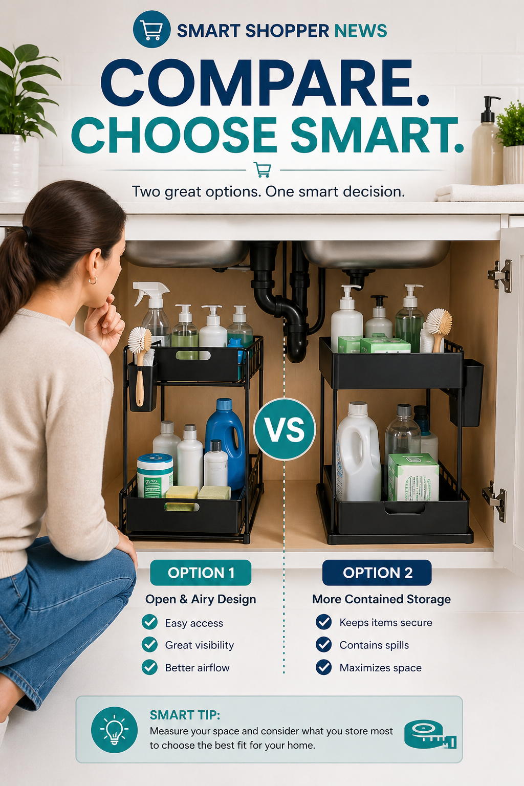 Person comparing two under-sink cabinets labeled Option 1 and Option 2, with “Compare. Choose Smart.” poster.